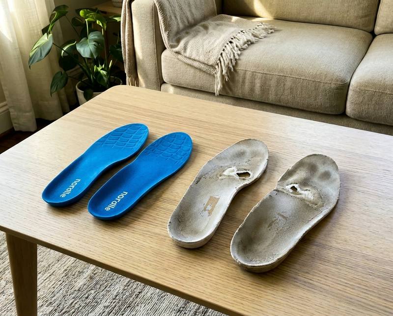 ComfySole 2.0 after two weeks of wear next to a worn-flat competitor insole